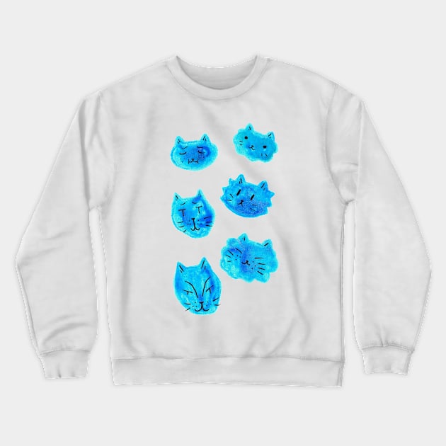 Blue Watercolor Cat Faces Crewneck Sweatshirt by saradaboru